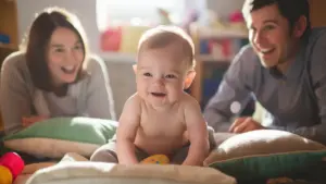 Bebé rodeado de sus padres aprendiendo a sentarse